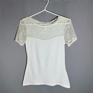 H&M White T-Shirt with Transparent Lace Shoulders and Sleeves, Womens Size Small